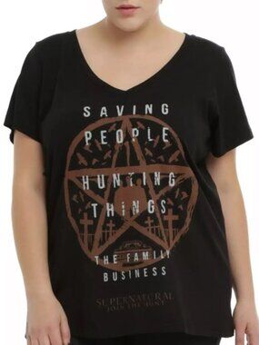 Supernatural Family Business Small Graphic Tee V-Neck Hot Topic Fandom T-Shirt